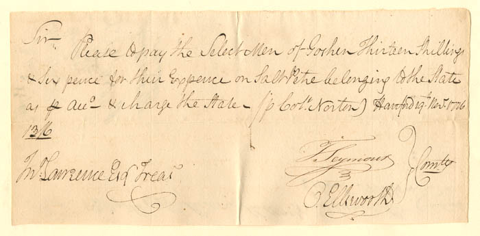 Oliver Ellsworth signed Revolutionary War Pay Order