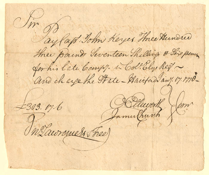 Oliver Ellsworth signed Revolutionary War Pay Order