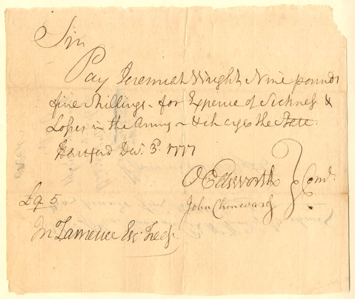 1777 dated Oliver Ellsworth signed Revolutionary War Pay Order - Connecticut Autograph Document