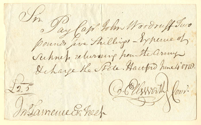 Oliver Ellsworth signed Revolutionary War Pay Order