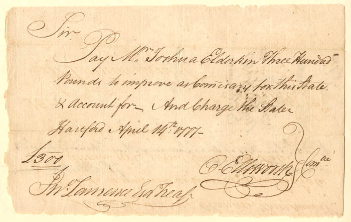 Oliver Ellsworth signed Revolutionary War Pay Order