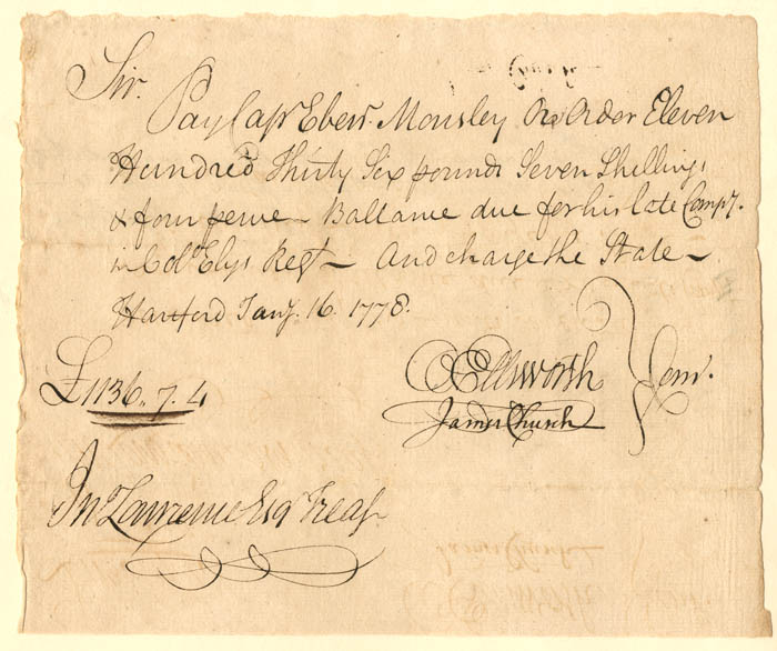 Oliver Ellsworth signed Revolutionary War Pay Order