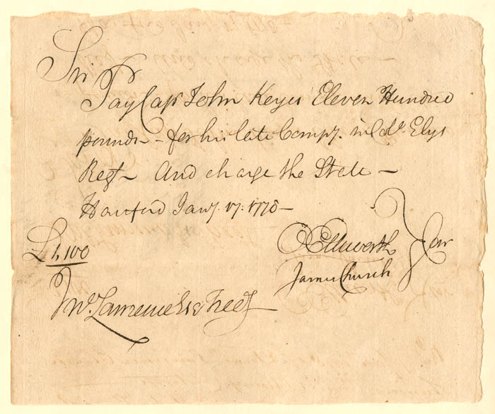 Oliver Ellsworth signed Revolutionary War Pay Order