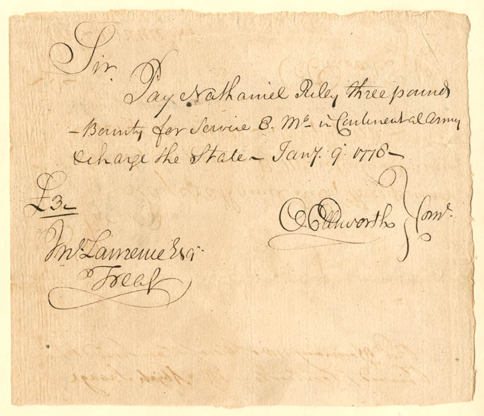 Oliver Ellsworth signed Revolutionary War Pay Order