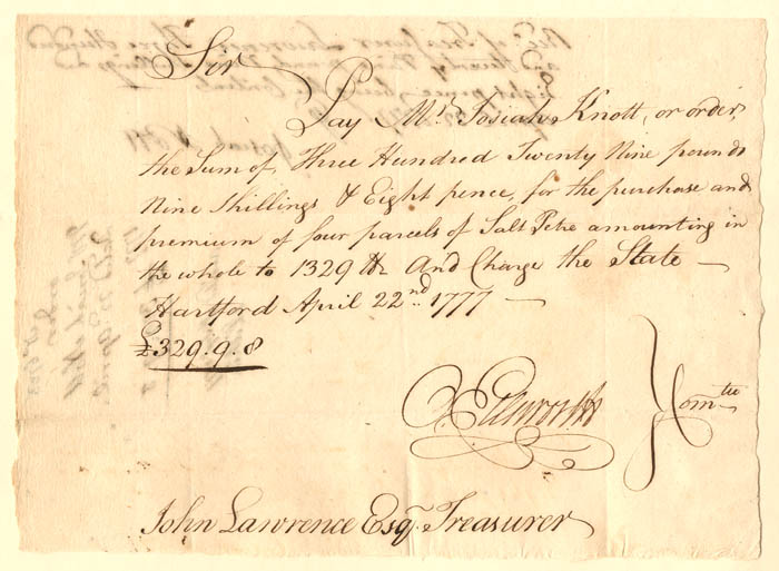 1777 dated Oliver Ellsworth signed Revolutionary War Pay Order - Connecticut Autograph Document