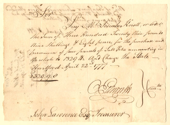 Oliver Ellsworth signed Revolutionary War Pay Order