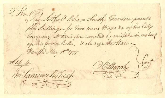 1777 dated Oliver Ellsworth signed Revolutionary War Pay Order - Connecticut Autograph Document