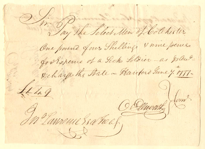 Oliver Ellsworth signed Revolutionary War Pay Order