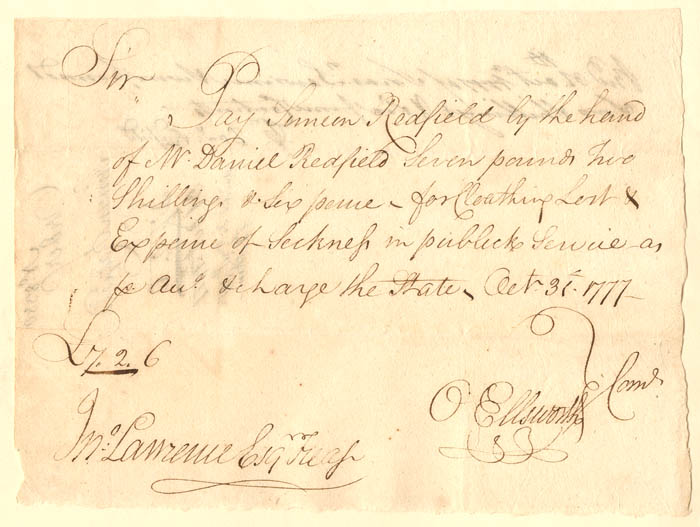 1777 dated Jesse Root and Oliver Ellsworth signed Revolutionary War Pay Order