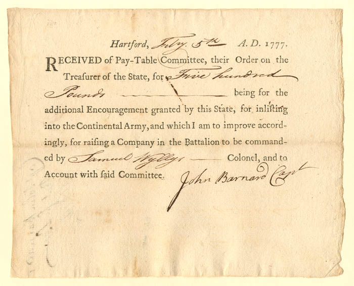 Bounty Payment - Connecticut Revolutionary War Pay Order 