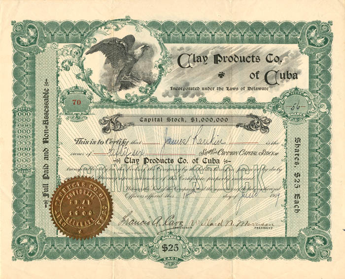 Clay Products Co. of Cuba - Stock Certificate