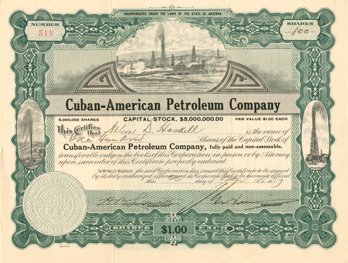 Cuban-American Petroleum Co. - 1917 dated Cuba Stock Certificate