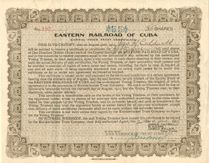 Eastern Railroad of Cuba - 1908 dated Cuba Stock Certificate