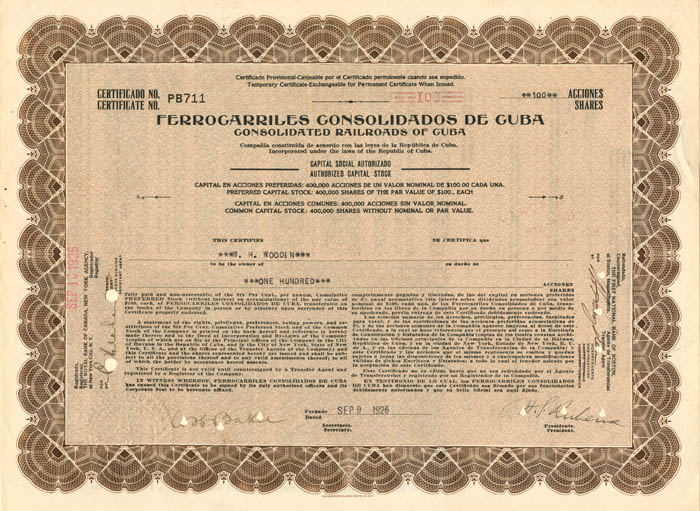 Ferrocarriles Consolidados De Cuba - 1926 dated Cuba Stock Certificate