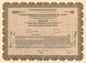 Ferrocarriles Consolidados De Cuba - 1926 dated Cuba Stock Certificate