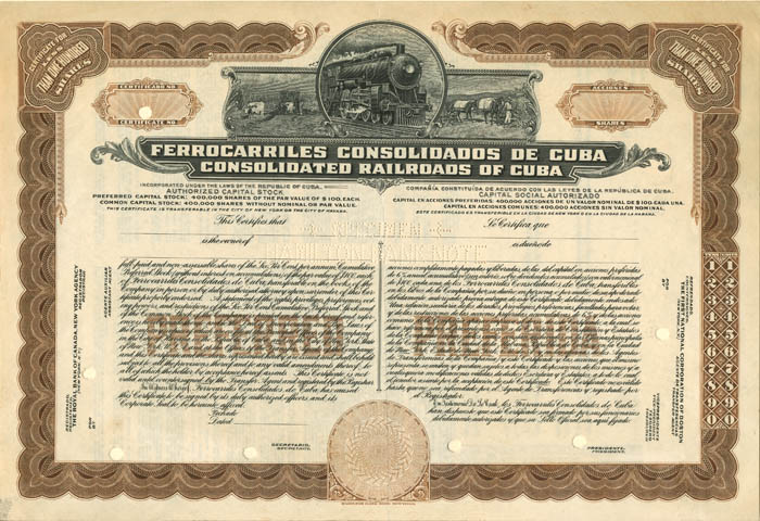 Consolidated Railroads of Cuba - Specimen Stock Certificate