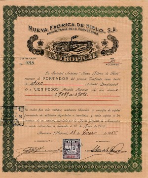 Nueva Fabrica De Hielo, S.A. - 1955 dated Cuba Stock Certificate