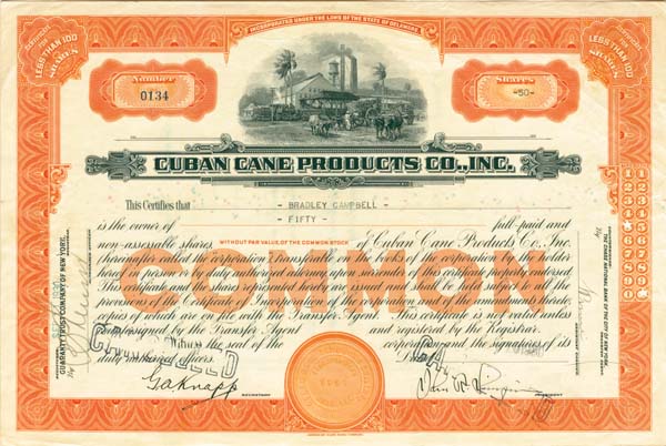 Cuban Cane Products Company - Stock Certificate