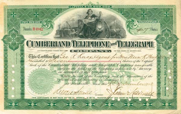 Cumberland Telephone and Telegraph Co. - Stock Certificate
