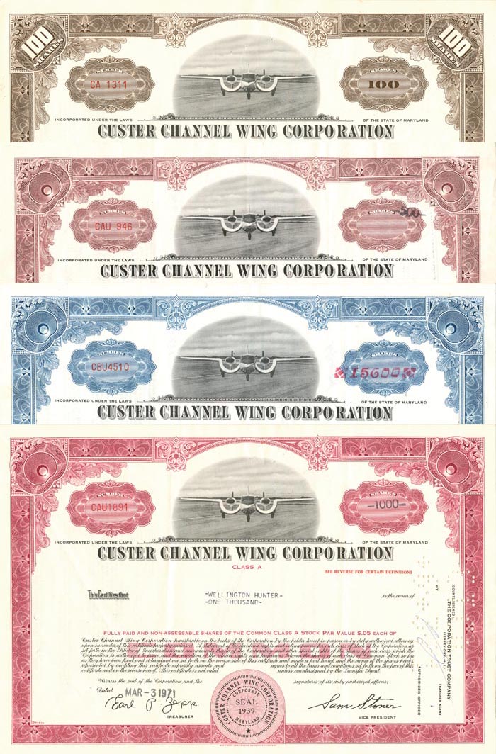 Custer Channel Wing Corporation - Set of 4 Stock Certificates