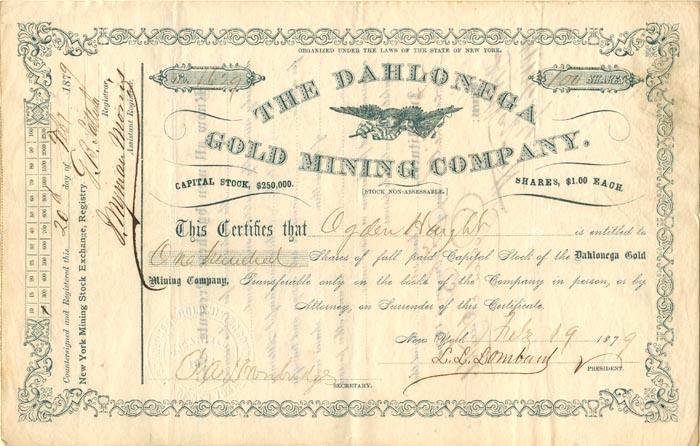 Dahlonega Gold Mining Co. - 1878-79 dated Georgia Mining Stock Certificate - Dahlonega Coin Mint History