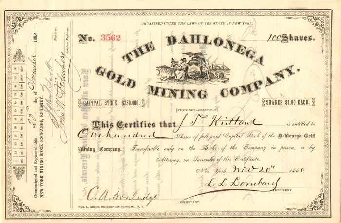 Dahlonega Gold Mining Co. - 1880-83 dated Georgia Mining Stock Certificate - Dahlonega Coin Mint History