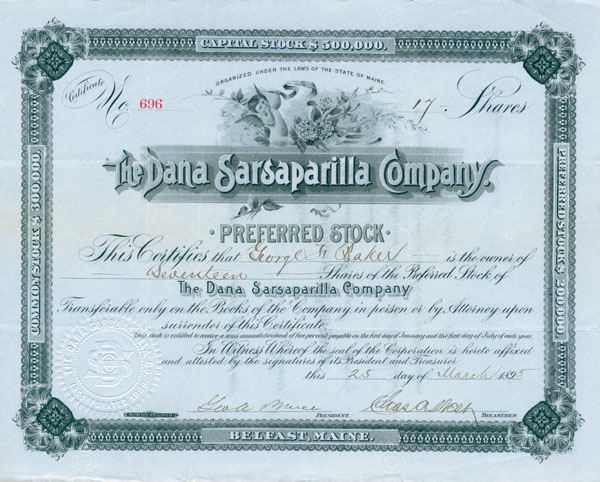 Dana Sarsaparilla Co. - Stock Certificate
