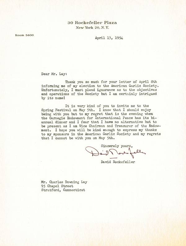 David Rockefeller Signed Letter