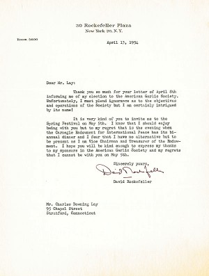 David Rockefeller Signed Letter - SOLD
