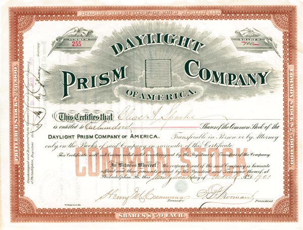 Daylight Prism Co. of America - Stock Certificate