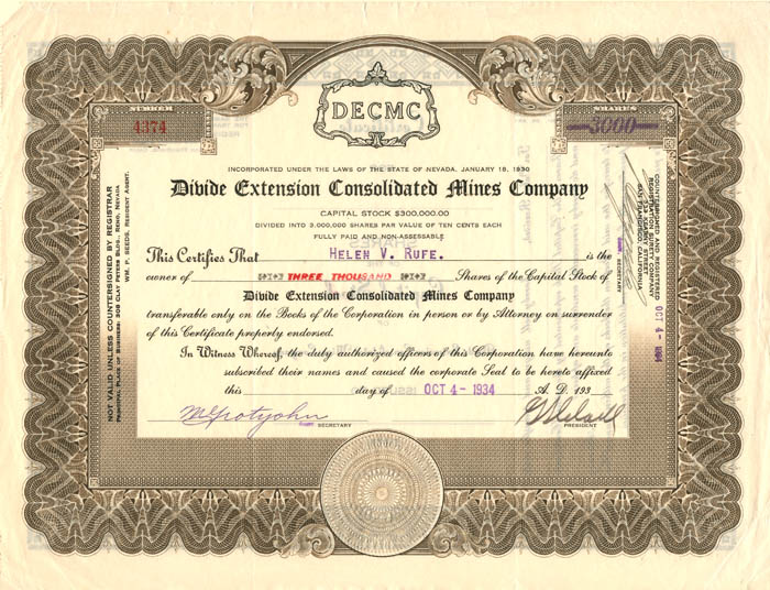 Divide Extension Consolidated Mines Co. - Stock Certificate