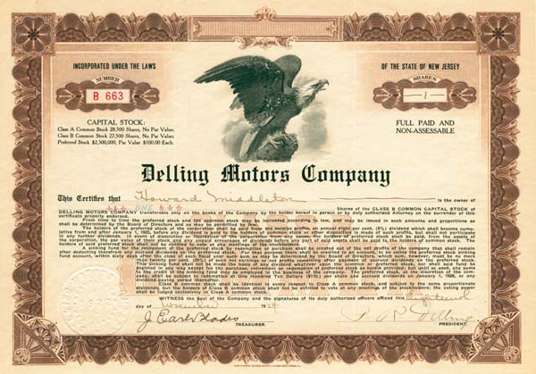 Delling Motors Co. - Stock Certificate