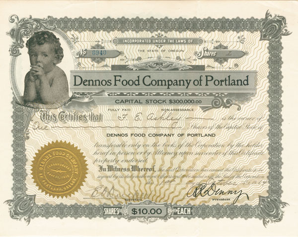 Dennos Food Co. of Portland, Oregon - Stock Certificate