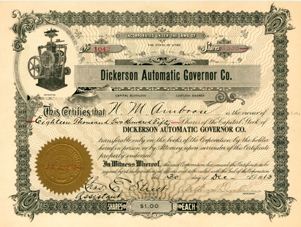 Dickerson Automatic Governor Co. - Stock Certificate