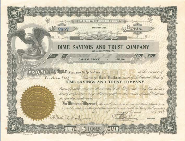 Dime Savings and Trust Co. - Stock Certificate