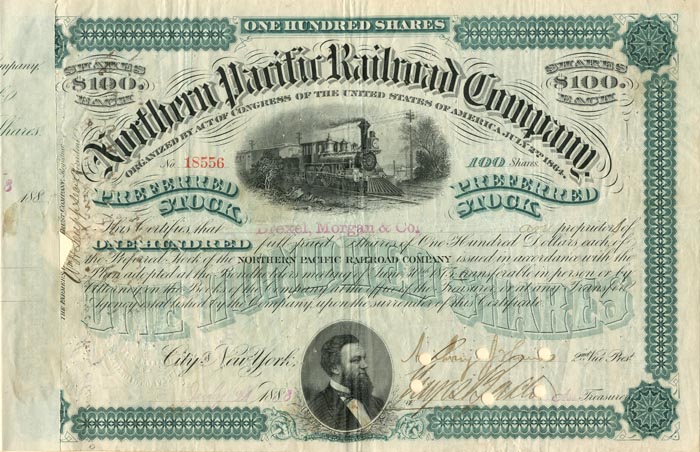 Northern Pacific Railroad Stock Certificate signed for by J. Pierpont Morgan - Issued to Drexel, Morgan and Co. 