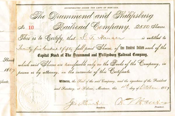 Drummond & Philipsburg Railroad Company - Stock Certificate