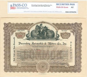 Duesenberg Automobile and Motors Co., Inc - Stock Certificate (Uncanceled)