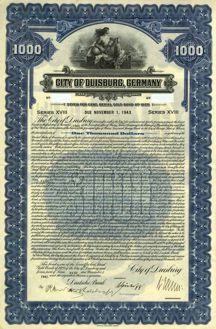 City of Duisburg, Germany 7% Uncancelled $1000 Bond of 1925 (Uncanceled)