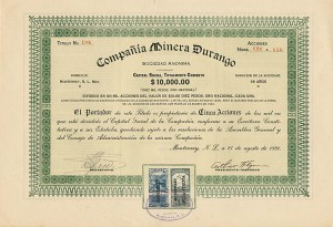 Compania Minera Durango - Mexican Mining Stock Certificate