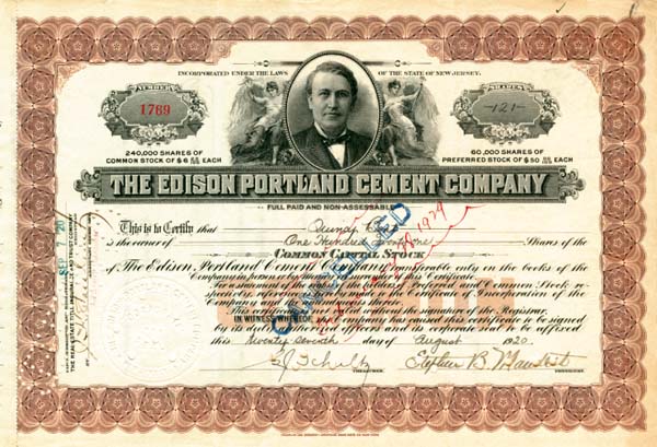 Edison Portland Cement Co. - Stock Certificate