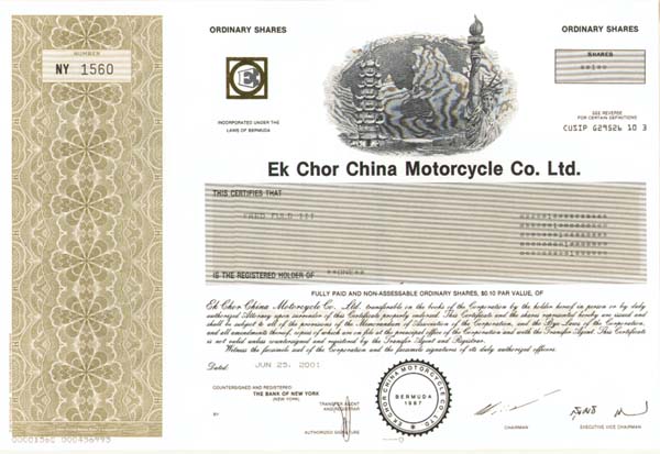 Ek Chor China Motorcycle Co., Ltd. - Stock Certificate