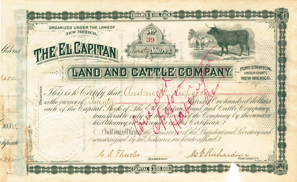 El Capitan Land and Cattle Co. - Stock Certificate