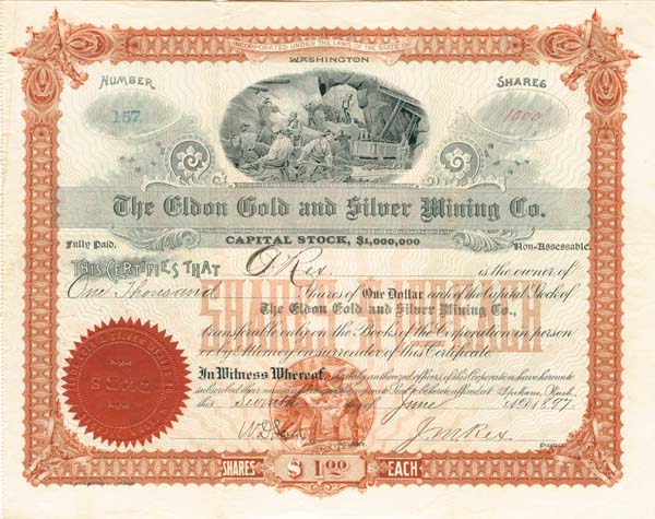 Eldon Gold and Silver Mining Co. - Stock Certificate