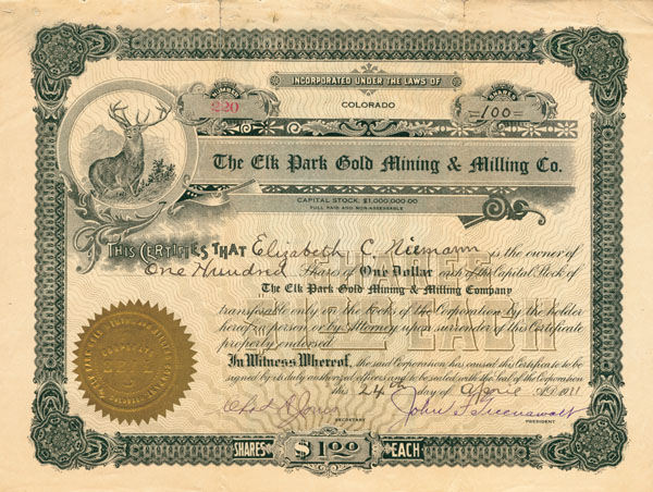 Elk Park Gold Mining and Milling Co. - Stock Certificate