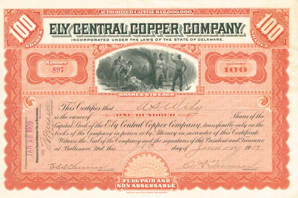 Ely Central Copper Co. - Stock Certificate