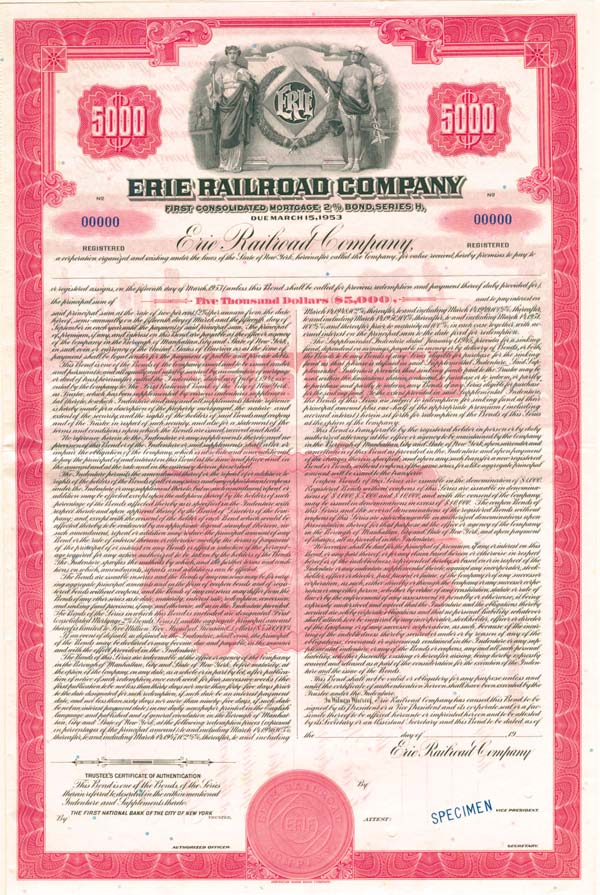 Erie Railroad Co. - Specimen Bond