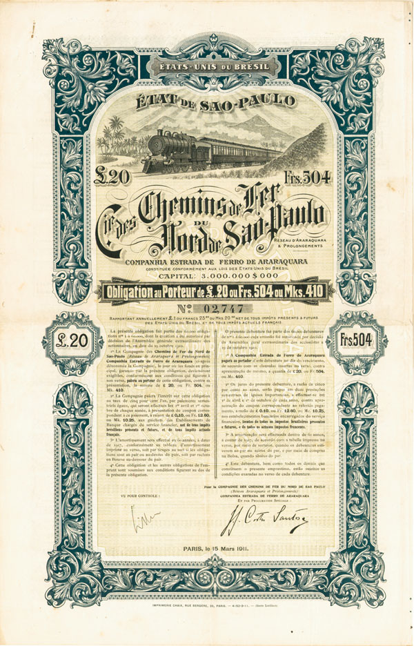 Chemins de fer du Nord de Sao-Paulo  - Railroad Bond