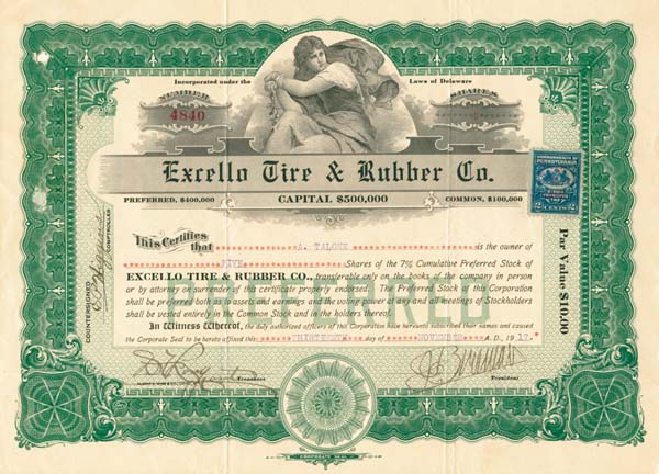 Excello Tire and Rubber Co. - Stock Certificate