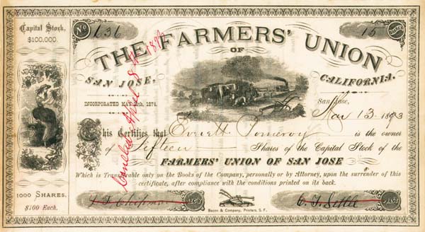 Farmers' Union of San Jose, California - Stock Certificate